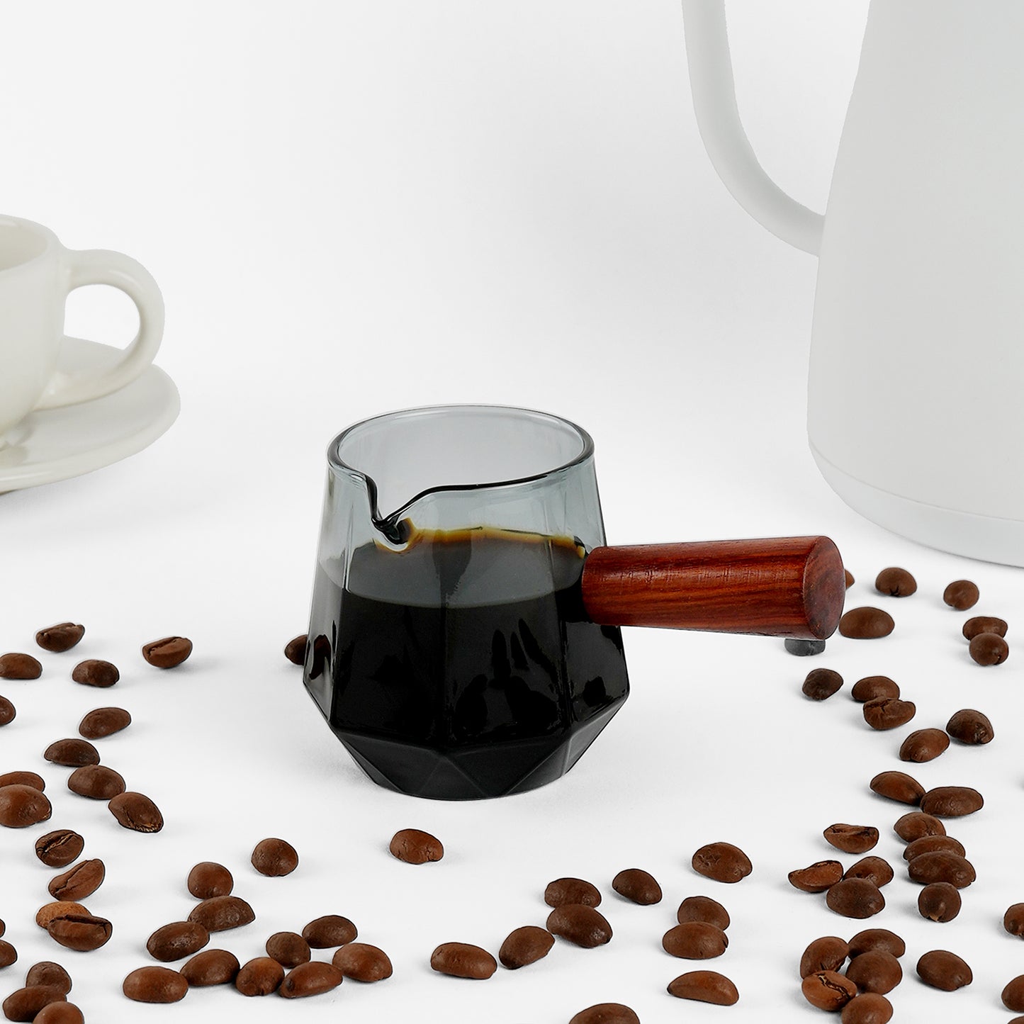 "CAFFEINE CLARITY" Milk/Espresso Cup with wooden handle